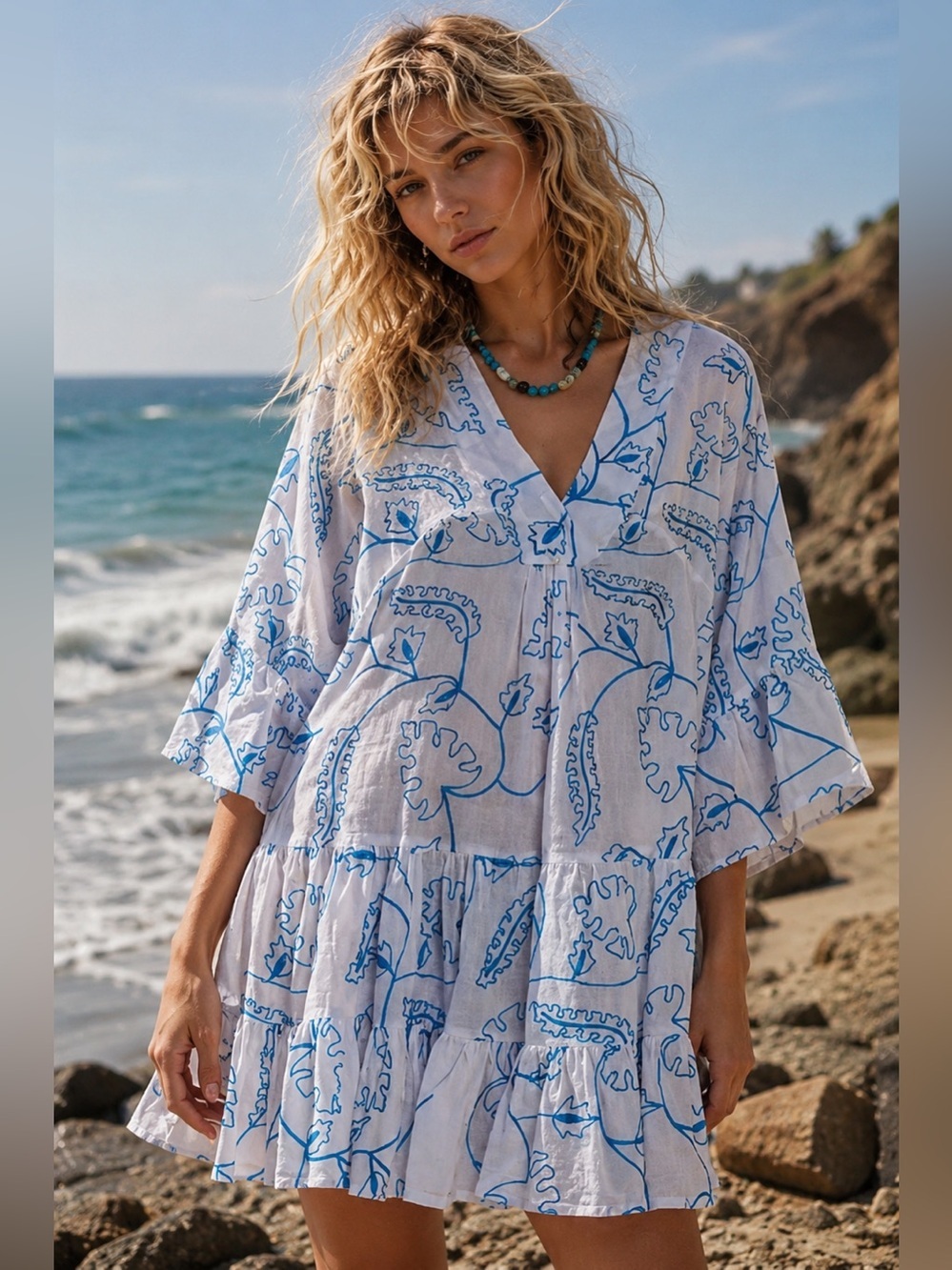 🌸POL L Mini Blue Floral V-Neck Tunic P002
